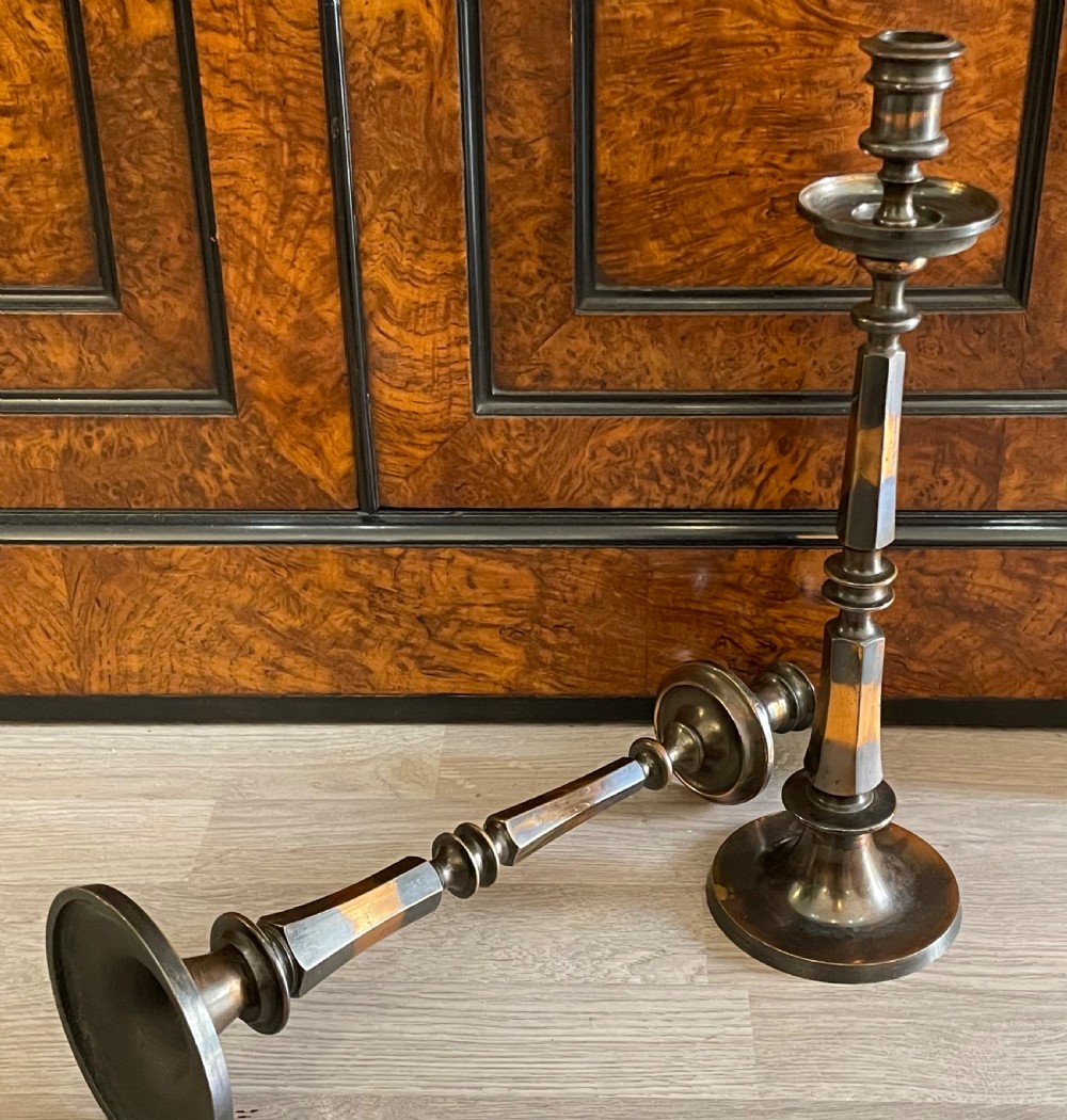 Quality Pair of Edwardian Copper Oxide Candlesticks View II