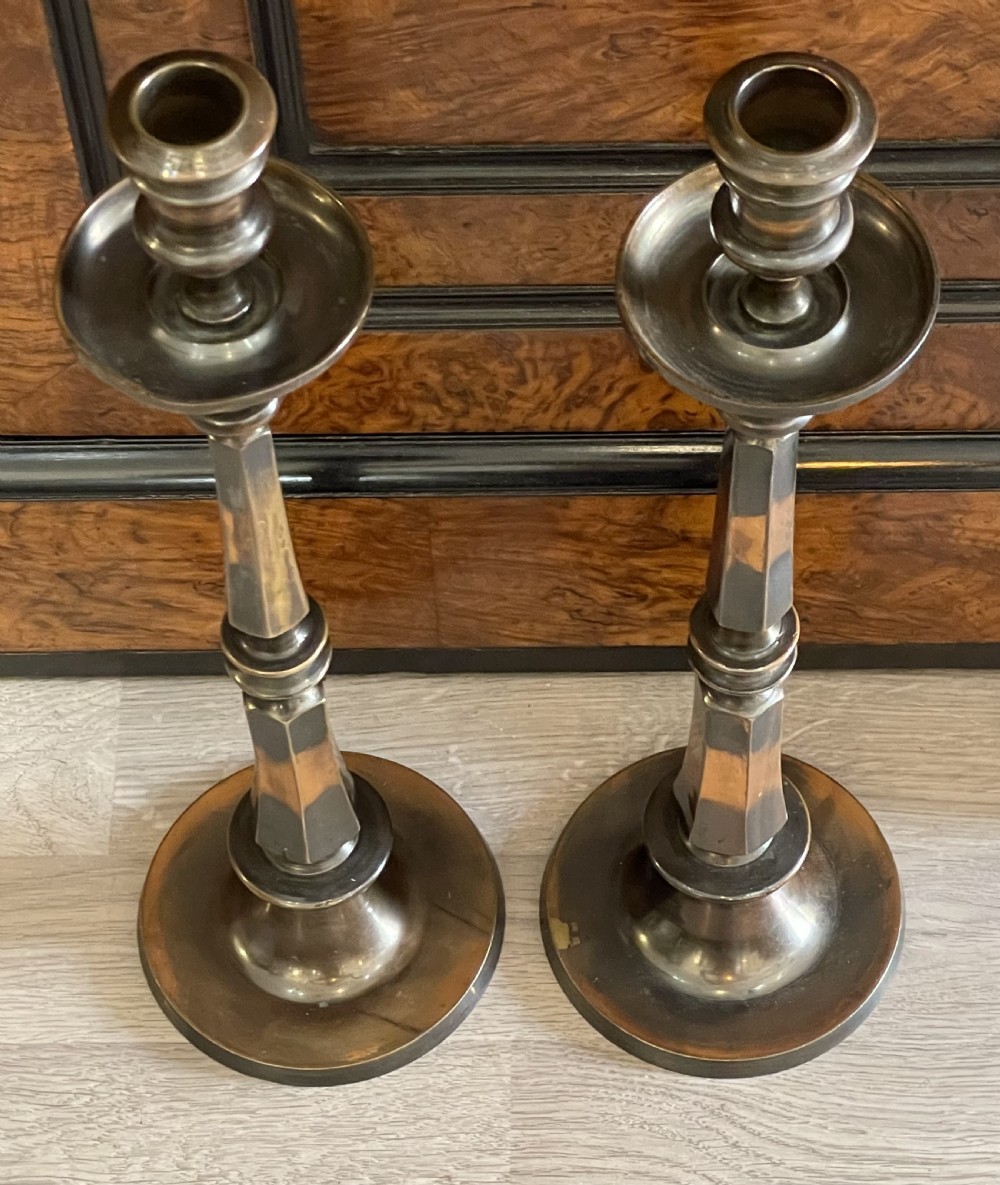 Quality Pair of Edwardian Copper Oxide Candlesticks View III