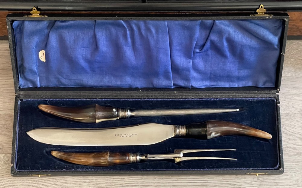 Edwardian Horn Carving Set in Fitted Case