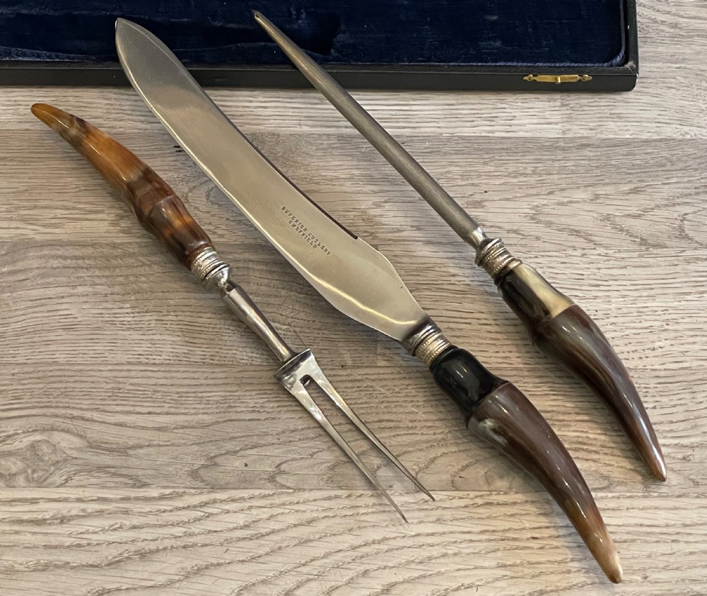 Edwardian Horn Carving Set in Fitted Case View II