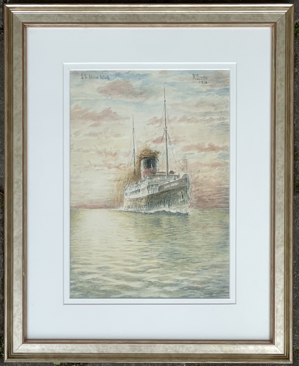 Delightful Pencil and Watercolour of SS Manx Maid Ship, Isle of Man 
