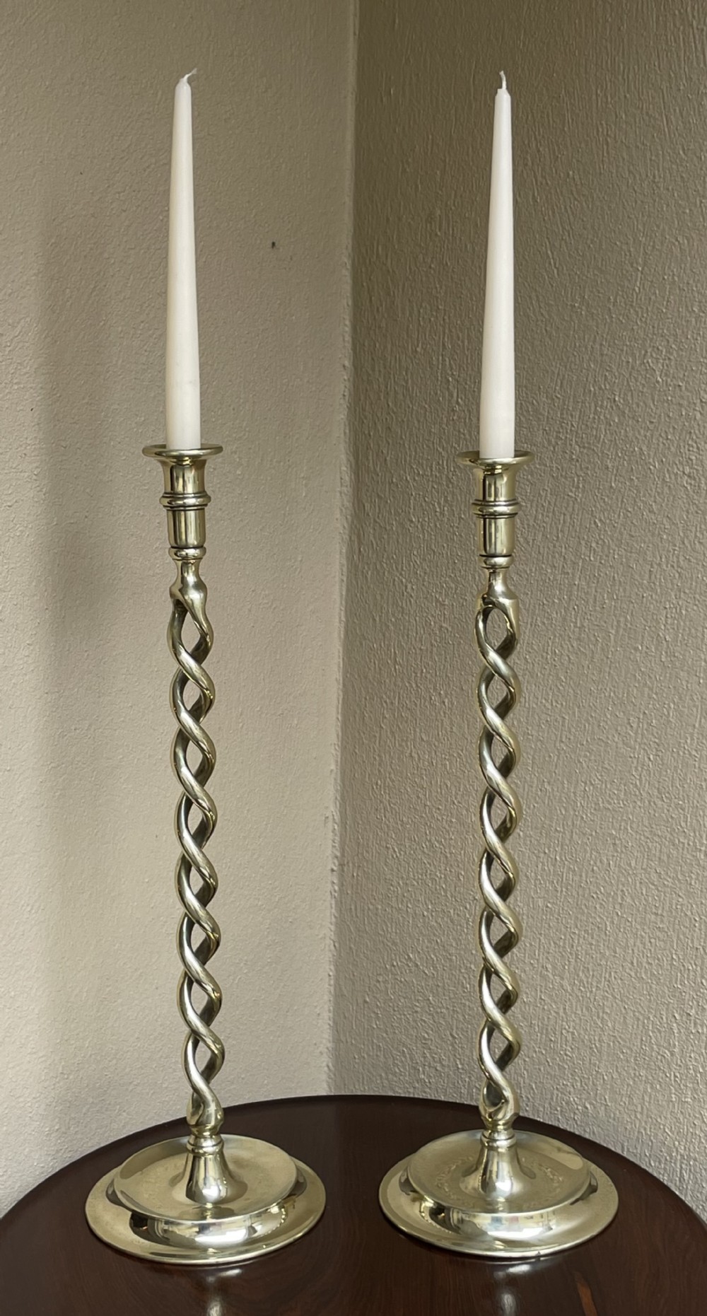 Tall Pair of Brass Open Twist Candlesticks  
