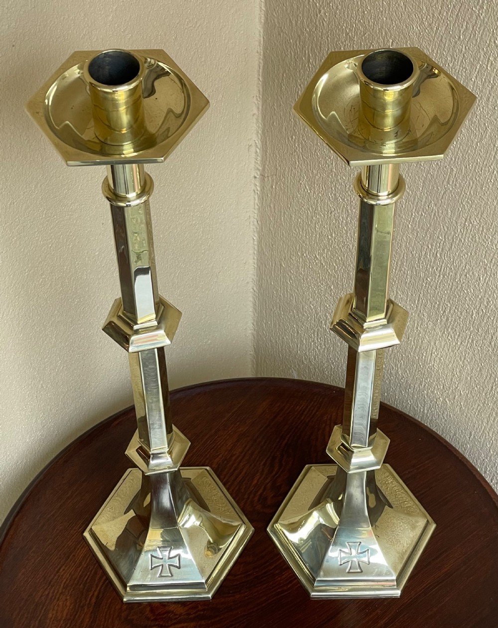Large Pair of Ecclesiastical Cast Brass Candlesticks View V