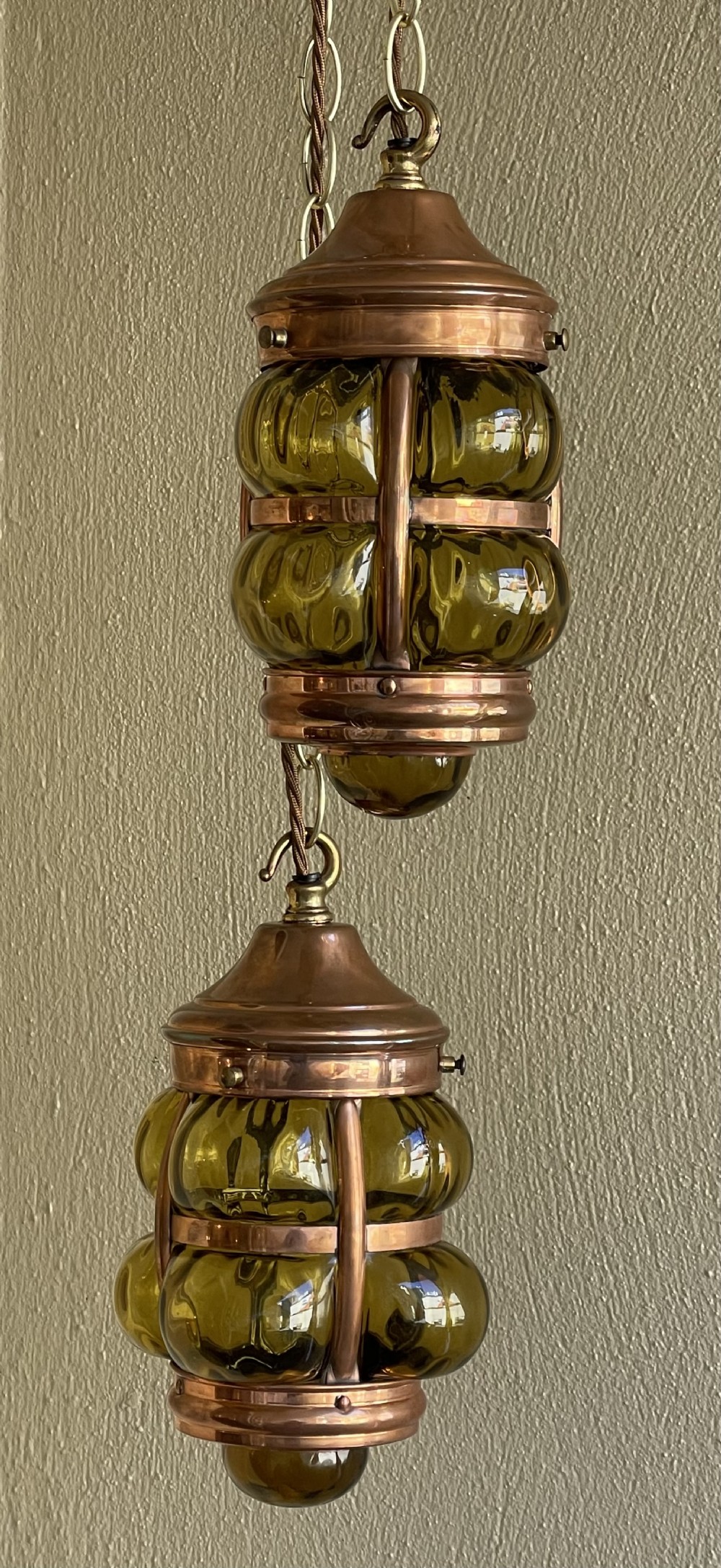 Pair of Arts & Crafts Copper and Glass Hanging Lanterns