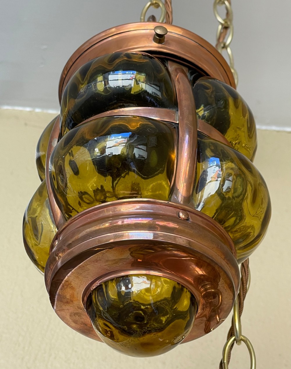 Pair of Arts & Crafts Copper and Glass Hanging Lanterns View II