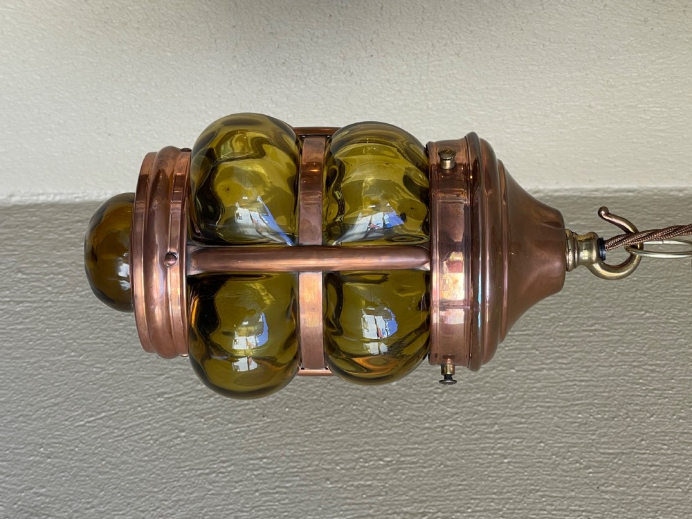 Pair of Arts & Crafts Copper and Glass Hanging Lanterns View III