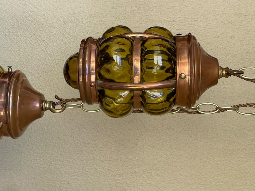 Pair of Arts & Crafts Copper and Glass Hanging Lanterns View IV