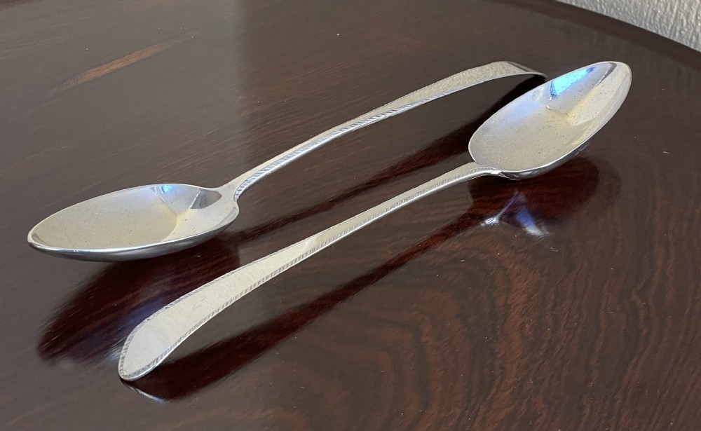Pair of Irish Silver Feather Edge Basting Serving Spoons 