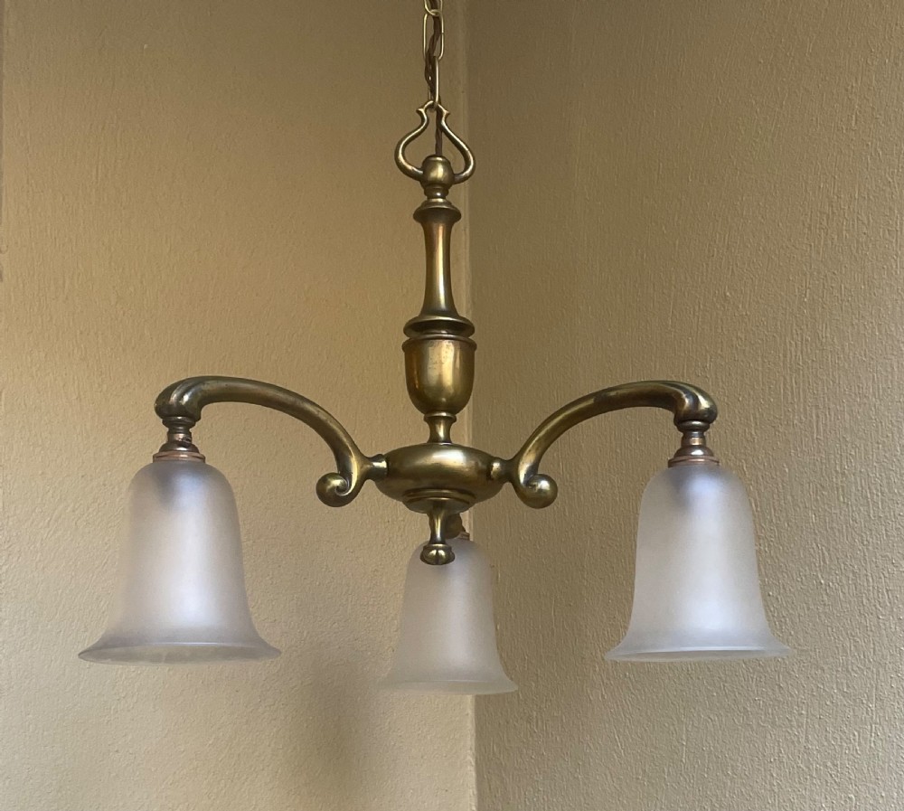 Art Nouveau Brass Three Light Chandelier View V