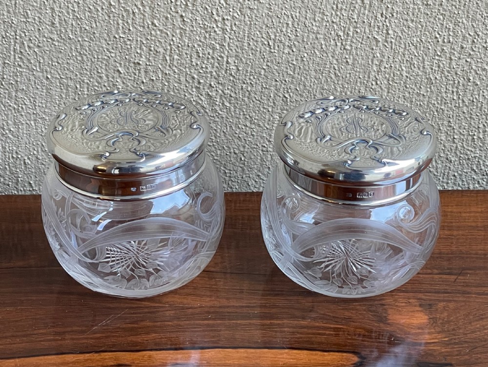 Exquisite Pair of Art Nouveau Silver Mounted Dressing Table Jars