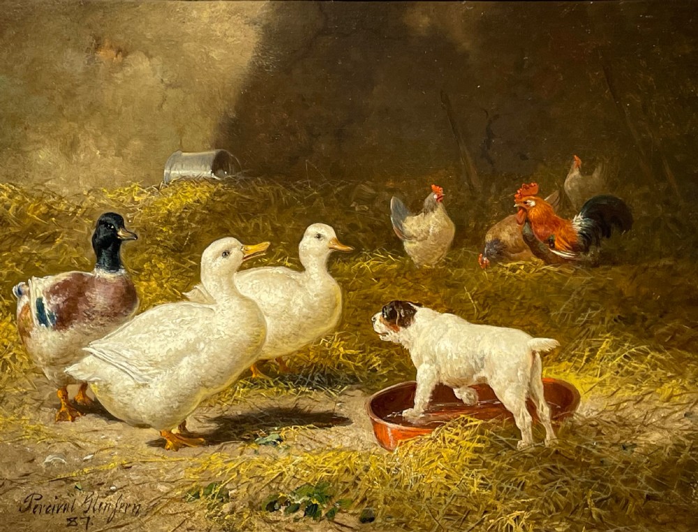 A 19th-century oil painting depicting ducks, chickens, and a small terrier inside a straw barn, enclosed in a carved gold gilt frame. View III