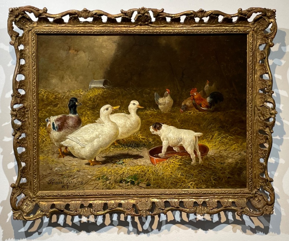 A 19th-century oil painting depicting ducks, chickens, and a small terrier inside a straw barn, enclosed in a carved gold gilt frame. View IV