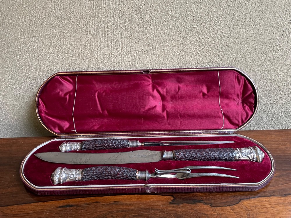 Victorian Silver Mounted Carving Set, Cased by Benetfink, London