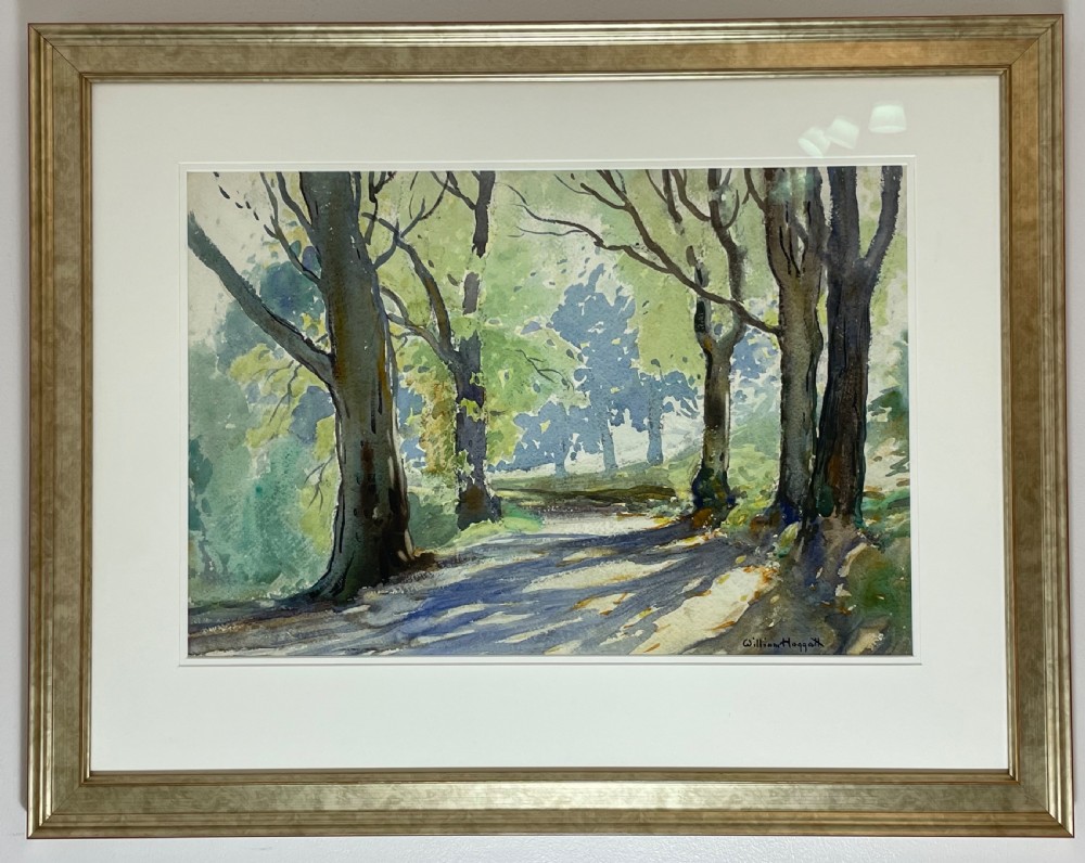 A framed watercolour painting depicting a sunlit tree-lined path with dappled shadows in green and soft blue tones.