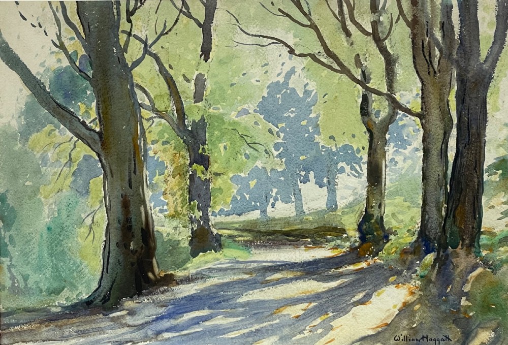 A framed watercolour painting depicting a sunlit tree-lined path with dappled shadows in green and soft blue tones. View II