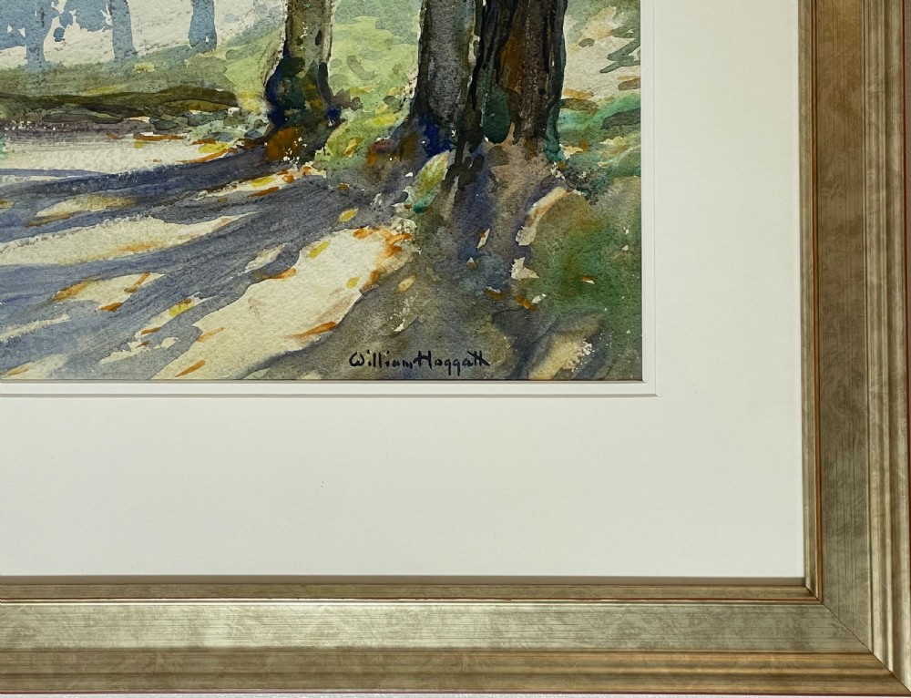 A framed watercolour painting depicting a sunlit tree-lined path with dappled shadows in green and soft blue tones. View III