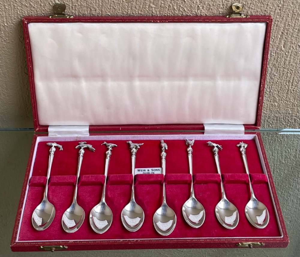 Set of Eight Silver Teaspoons with Hunting Animal Finials