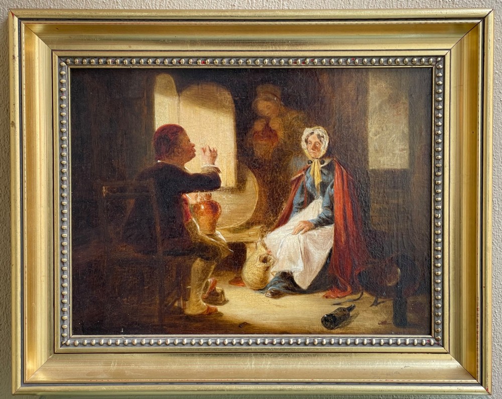 An early nineteenth-century framed oil painting depicting figures seated inside a tavern with sunlight entering through a window.