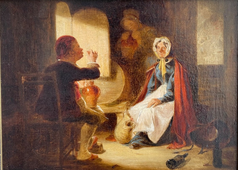 An early nineteenth-century framed oil painting depicting figures seated inside a tavern with sunlight entering through a window. View II