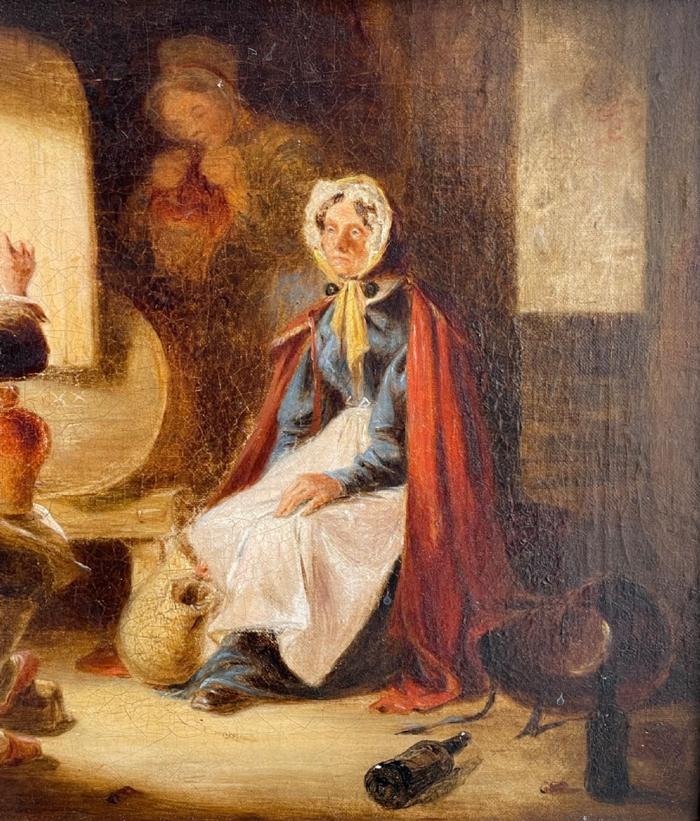 An early nineteenth-century framed oil painting depicting figures seated inside a tavern with sunlight entering through a window. View III