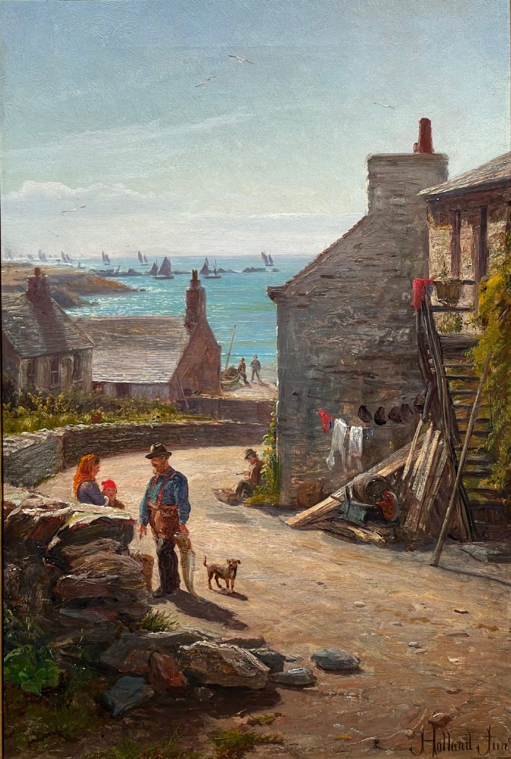 A framed 19th-century oil painting depicting a coastal village scene in Port Erin with stone cottages, figures, and fishing boats on the sea, enclosed within a gilded wooden frame. View II