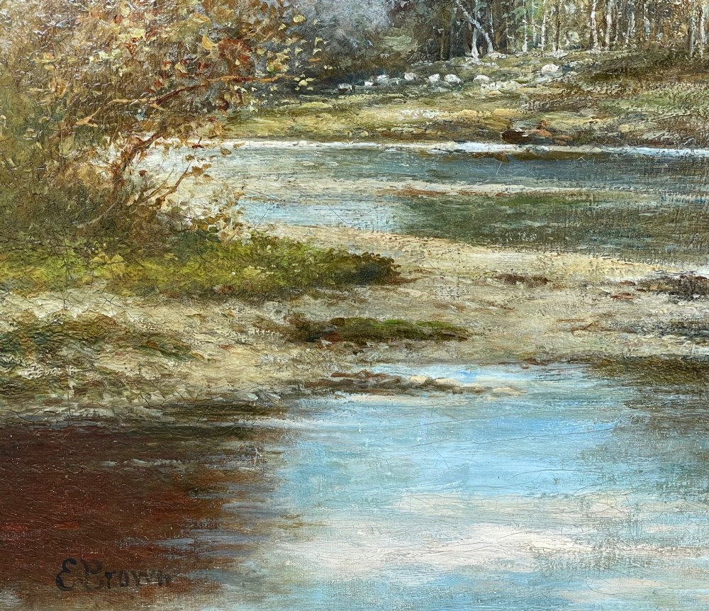 Late Victorian oil painting depicting a river scene surrounded by trees and mountains, set within a moulded gilded frame. View II