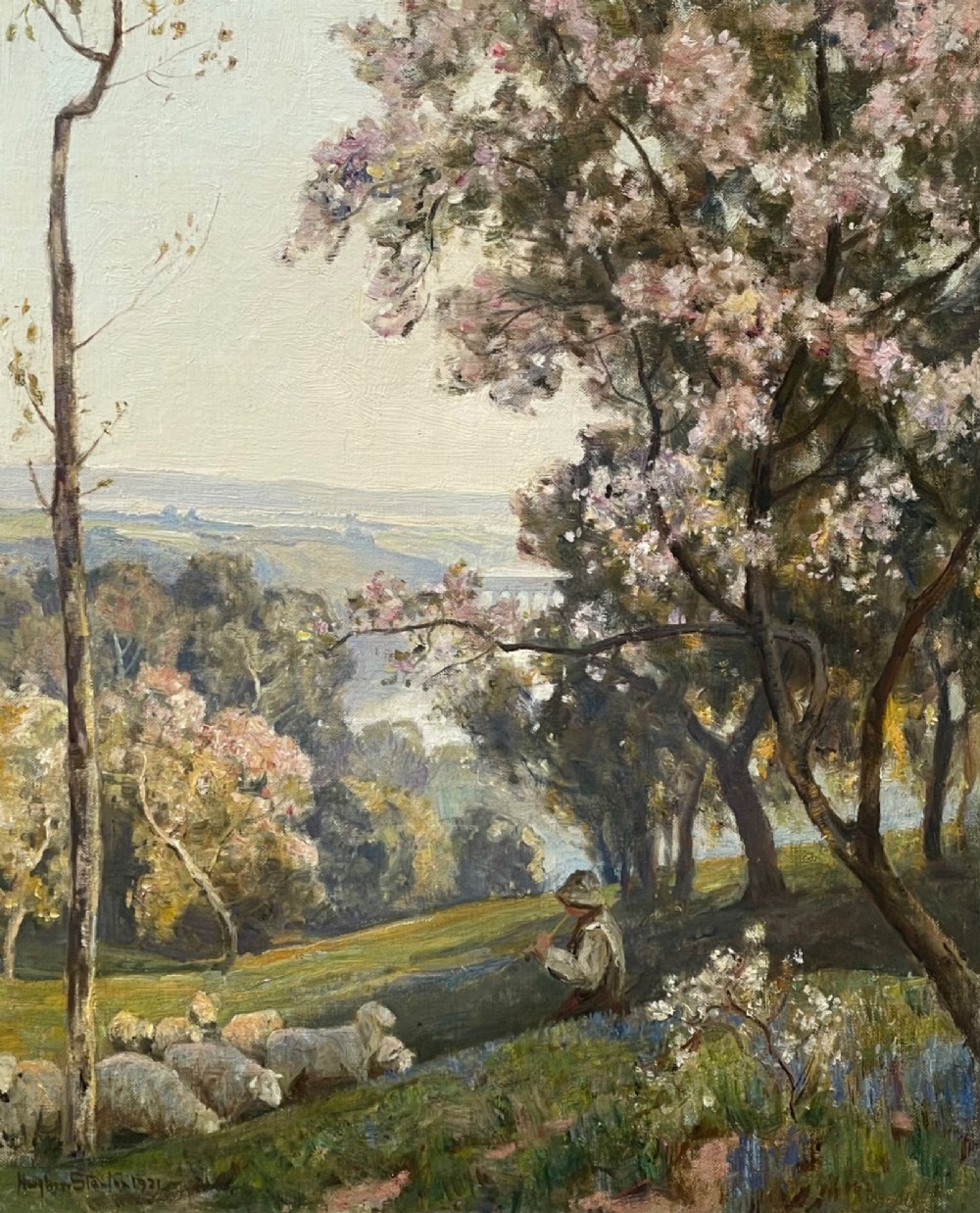 An impressionistic landscape oil painting depicting a shepherd seated beneath blossoming trees with sheep grazing on a green hillside overlooking a distant valley.