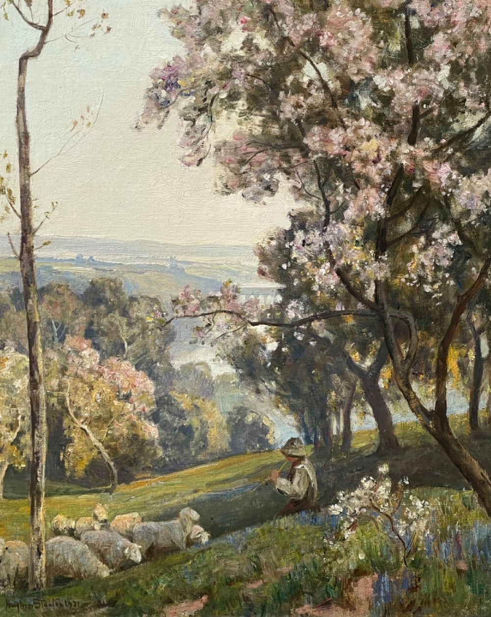 An impressionistic landscape oil painting depicting a shepherd seated beneath blossoming trees with sheep grazing on a green hillside overlooking a distant valley. View II