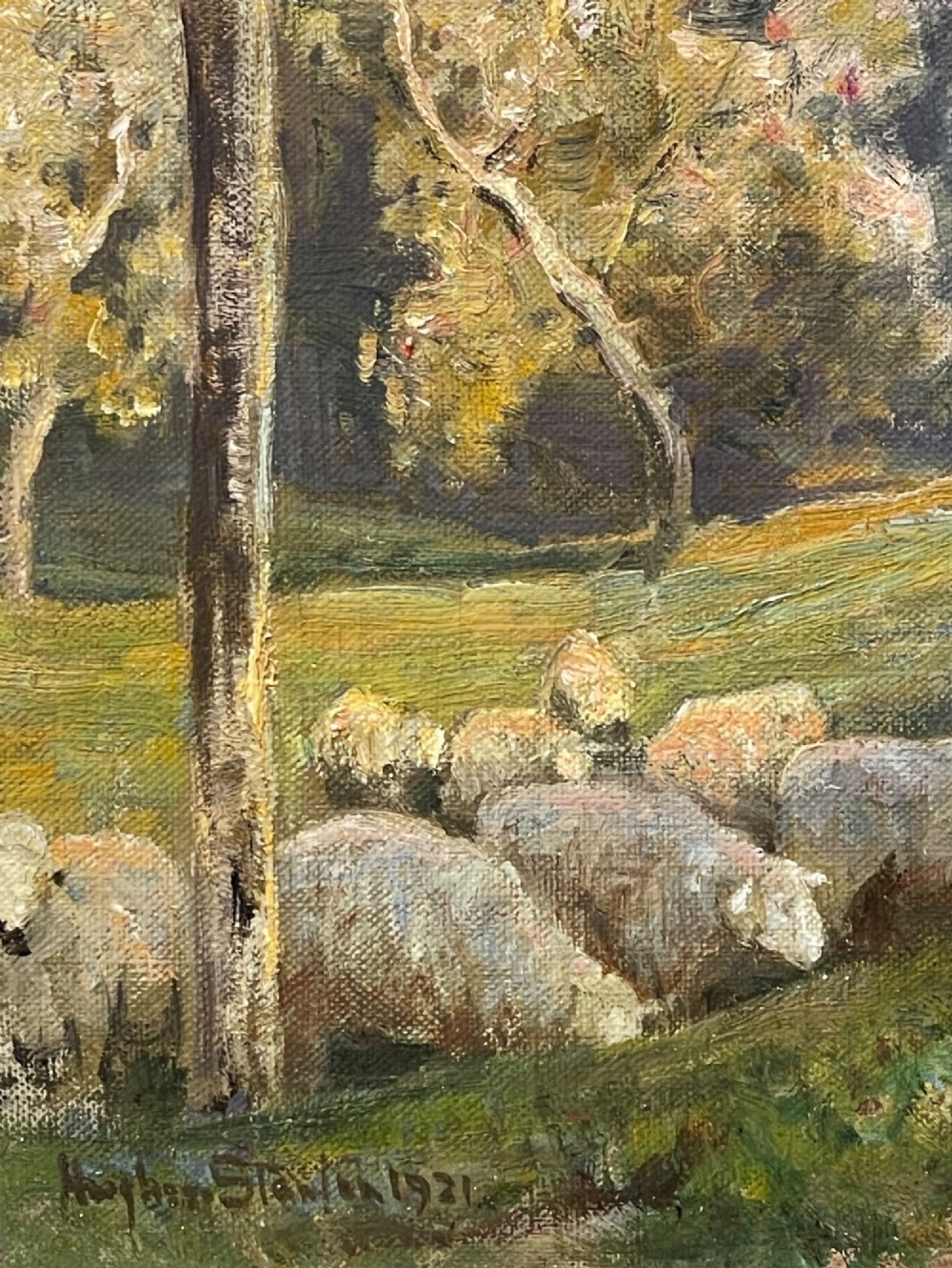 An impressionistic landscape oil painting depicting a shepherd seated beneath blossoming trees with sheep grazing on a green hillside overlooking a distant valley. View IV