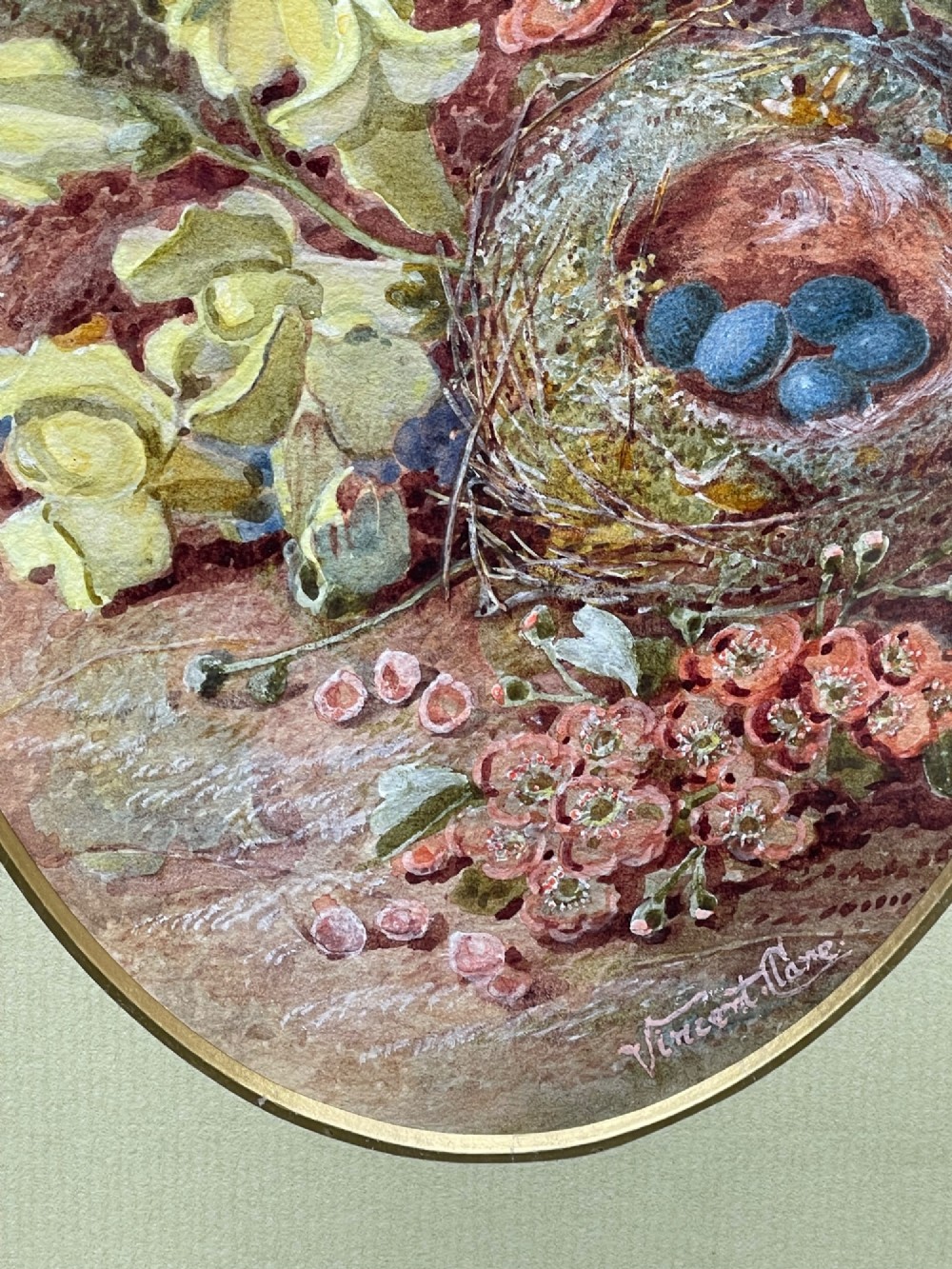 An oval watercolour painting of a birds nest containing four blue eggs surrounded by spring blossoms, set within a green mount and a burr maple frame. View III
