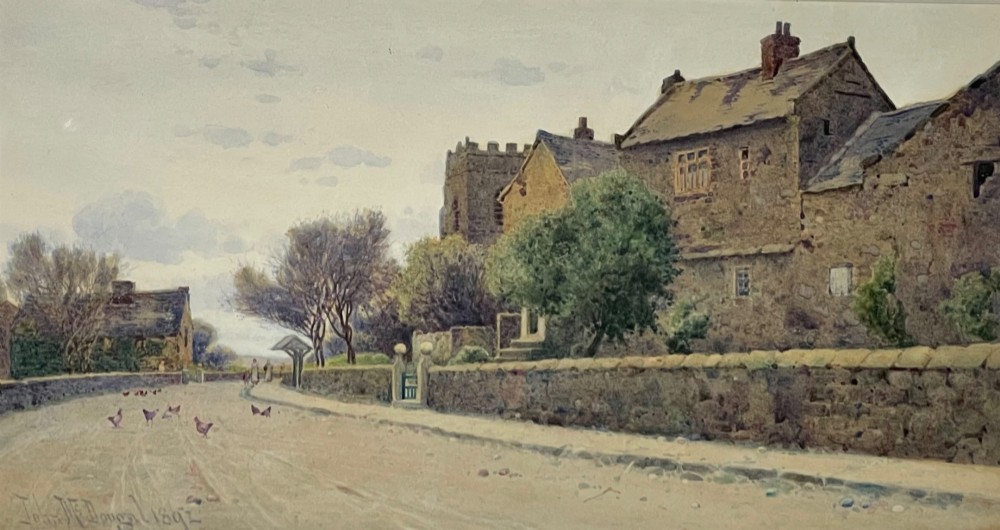 A late 19th-century watercolour painting depicting a village street lined with stone cottages, a church tower, trees, and small figures.