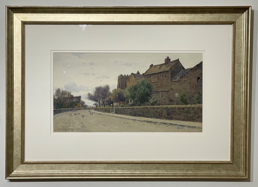 A late 19th-century watercolour painting depicting a village street lined with stone cottages, a church tower, trees, and small figures. View II