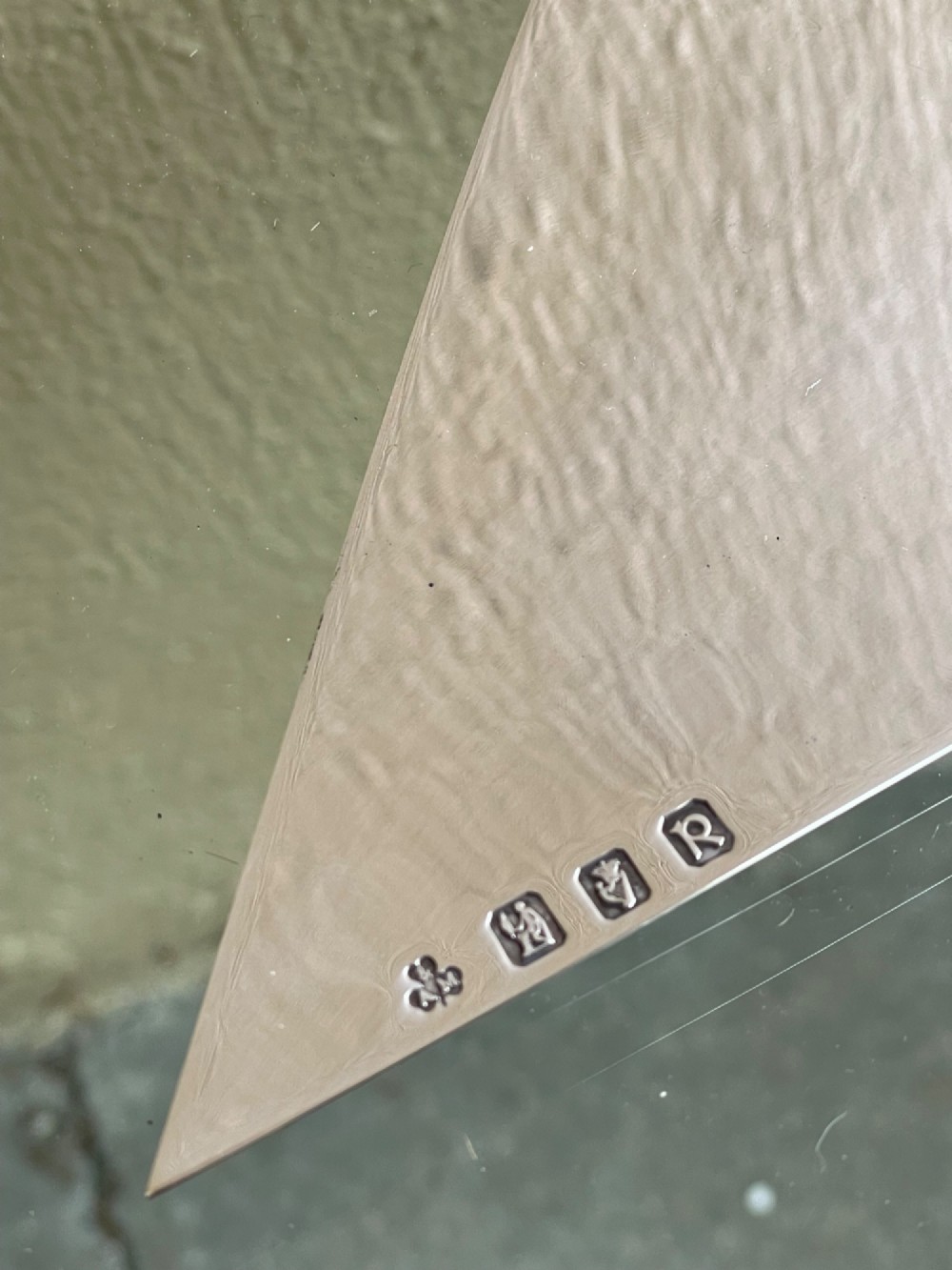 An antique Irish sterling silver presentation trowel with a textured engraved blade and turned black wooden handle, housed inside a black fitted presentation box with red lining. View III