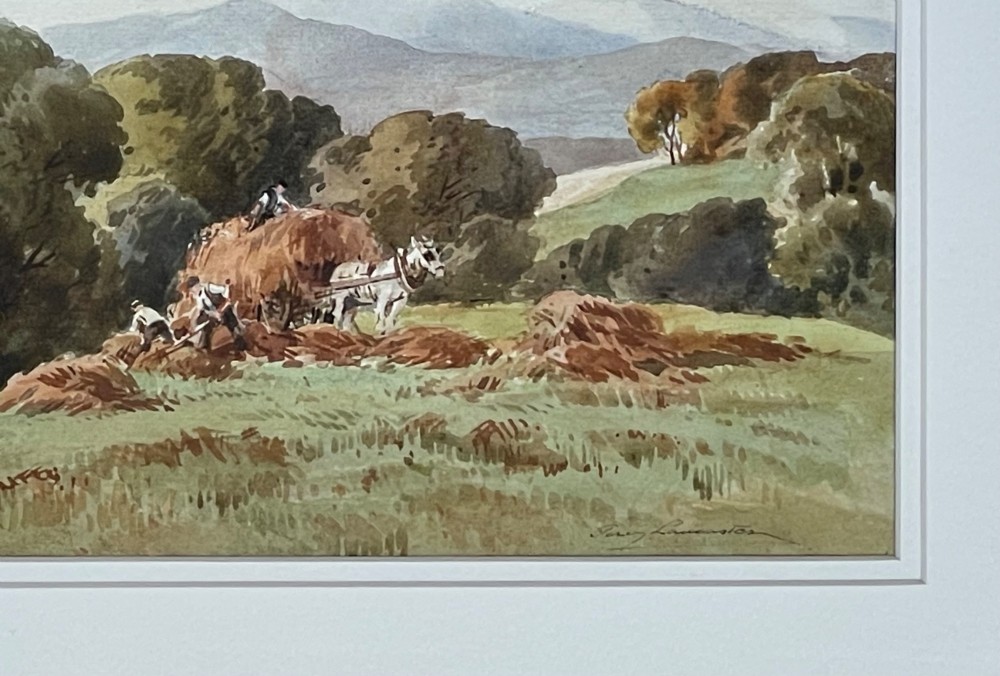 A framed watercolour painting depicting a rural harvest scene with figures, a horse-drawn cart, and rolling hills beneath a cloudy sky. View II