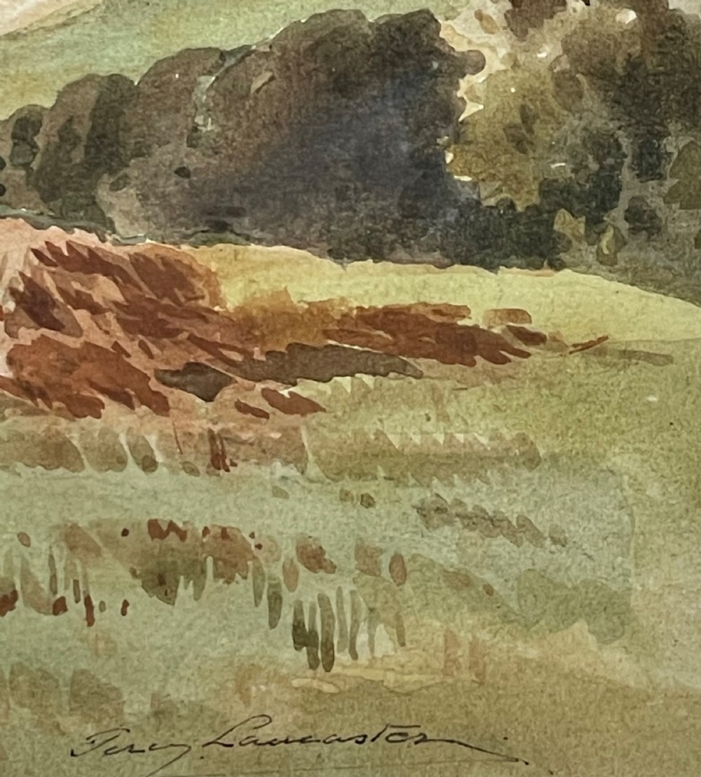 A framed watercolour painting depicting a rural harvest scene with figures, a horse-drawn cart, and rolling hills beneath a cloudy sky. View III