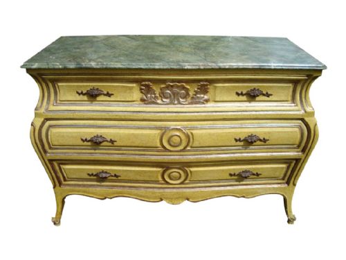 a very decorative french painted bombe chest of drawers - CATEGORY: ANTIQUE CHEST OF DRAWERS - DATED VICTORIAN