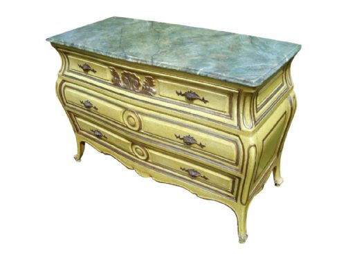 A VERY DECORATIVE FRENCH PAINTED BOMBE CHEST OF DRAWERS - ADDITIONAL PHOTO 2
