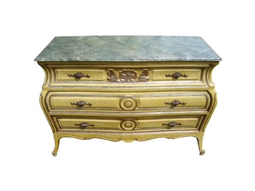 A VERY DECORATIVE FRENCH PAINTED BOMBE CHEST OF DRAWERS - ADDITIONAL PHOTO 4