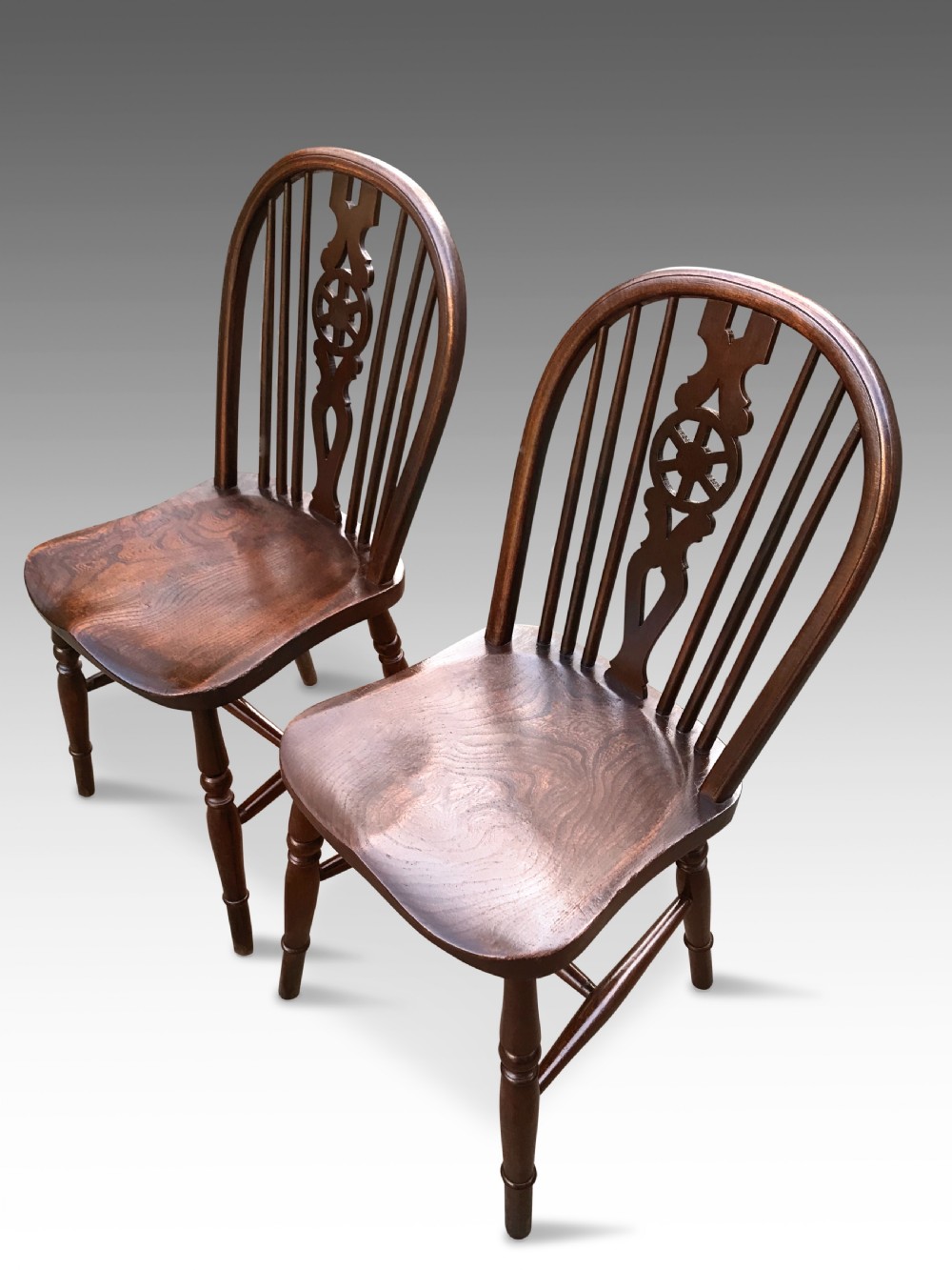 A Pair of Late Georgian Wheel Back Windsor Kitchen Chairs In Oak & Elm View II