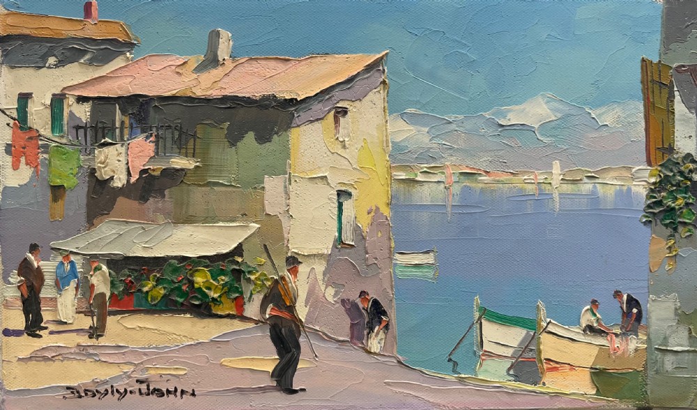 A heavily textured mid-century oil painting by DOyly-John depicting a Mediterranean coastal village with figures and harbour boats against a light blue sea.