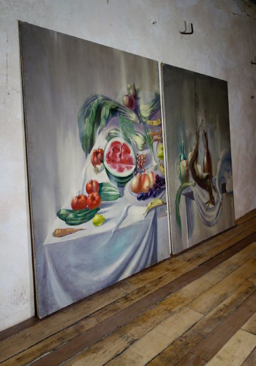 a large pair of naive oil on canvas paintings - CATEGORY: ANTIQUE ART - DATED 1950