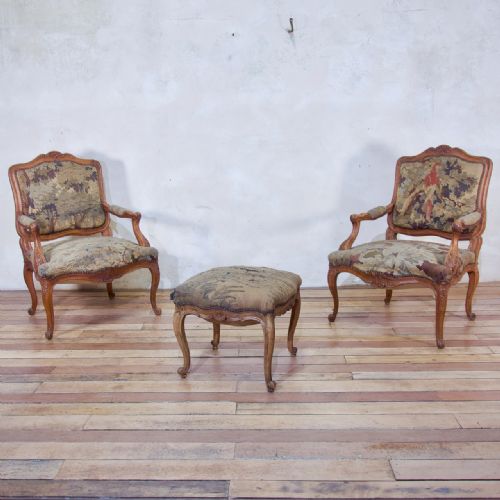 A PAIR OF 19TH CENTURY FRENCH LOUIS XV STYLE FAUTEUILS OPEN ARMCHAIRS AUBUSSON TAPESTRY - ADDITIONAL PHOTO 1