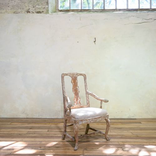 AN 18TH CENTURY SWEDISH GUSTAVIAN PAINTED OPEN ARMCHAIR