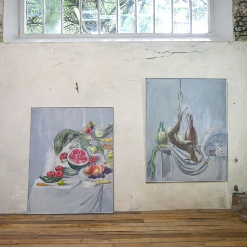 A LARGE PAIR OF NAIVE OIL ON CANVAS PAINTINGS - ADDITIONAL PHOTO 1