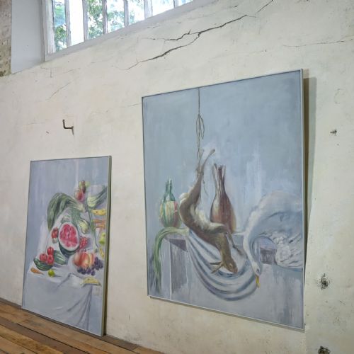 A LARGE PAIR OF NAIVE OIL ON CANVAS PAINTINGS - ADDITIONAL PHOTO 2