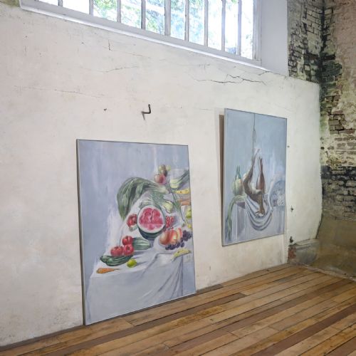 A LARGE PAIR OF NAIVE OIL ON CANVAS PAINTINGS - ADDITIONAL PHOTO 3