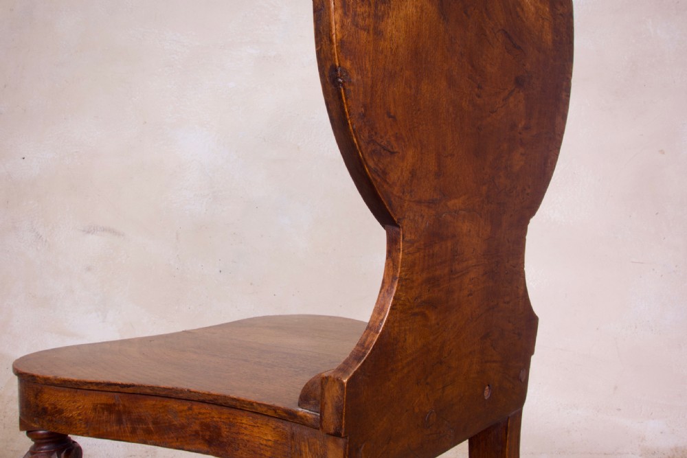 A 19th-century William IV hall chair made from elm and burr elm featuring a carved circular medallion back, solid wooden seat, turned front legs, and curved rear legs. View XIII