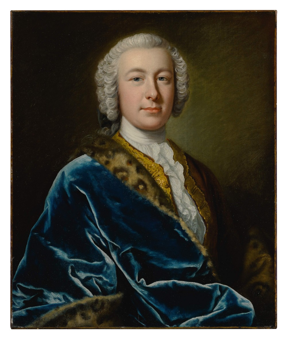 An 18th-century oil portrait depicting a nobleman with a powder wig, wearing a white cravat and a rich blue velvet mantle trimmed with fur.