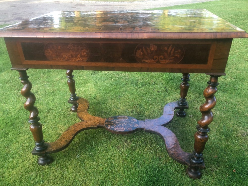 A late 17th-century William and Mary walnut side table featuring elaborate floral marquetry inlays on the rectangular top, spiral-turned legs, and a shaped X-stretcher. View III