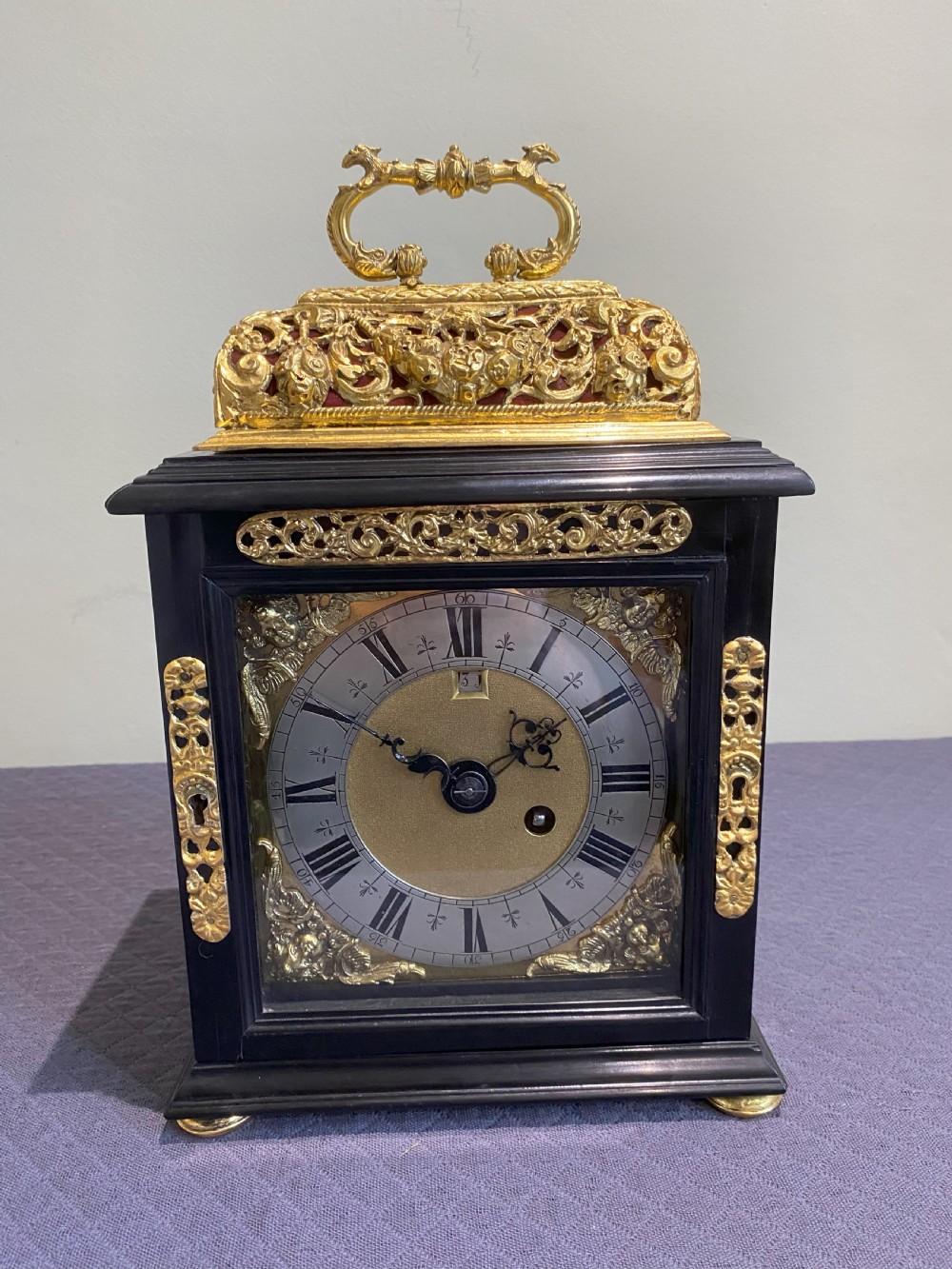 Ebony and gilded brass basket top William and Mary bracket clock circa 1695